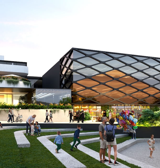 A render of a courtyard. Families are walking and playing in the area, and there are modern building with stores nearby.