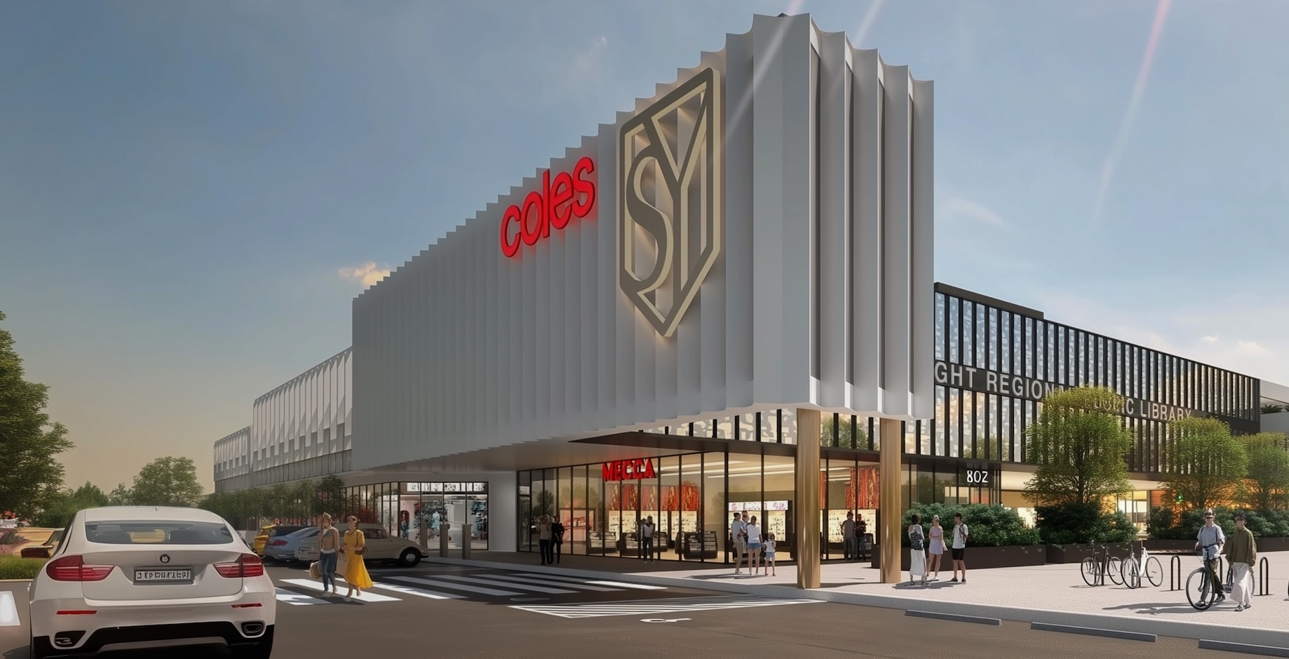 A 3D render of the front of a modern building.