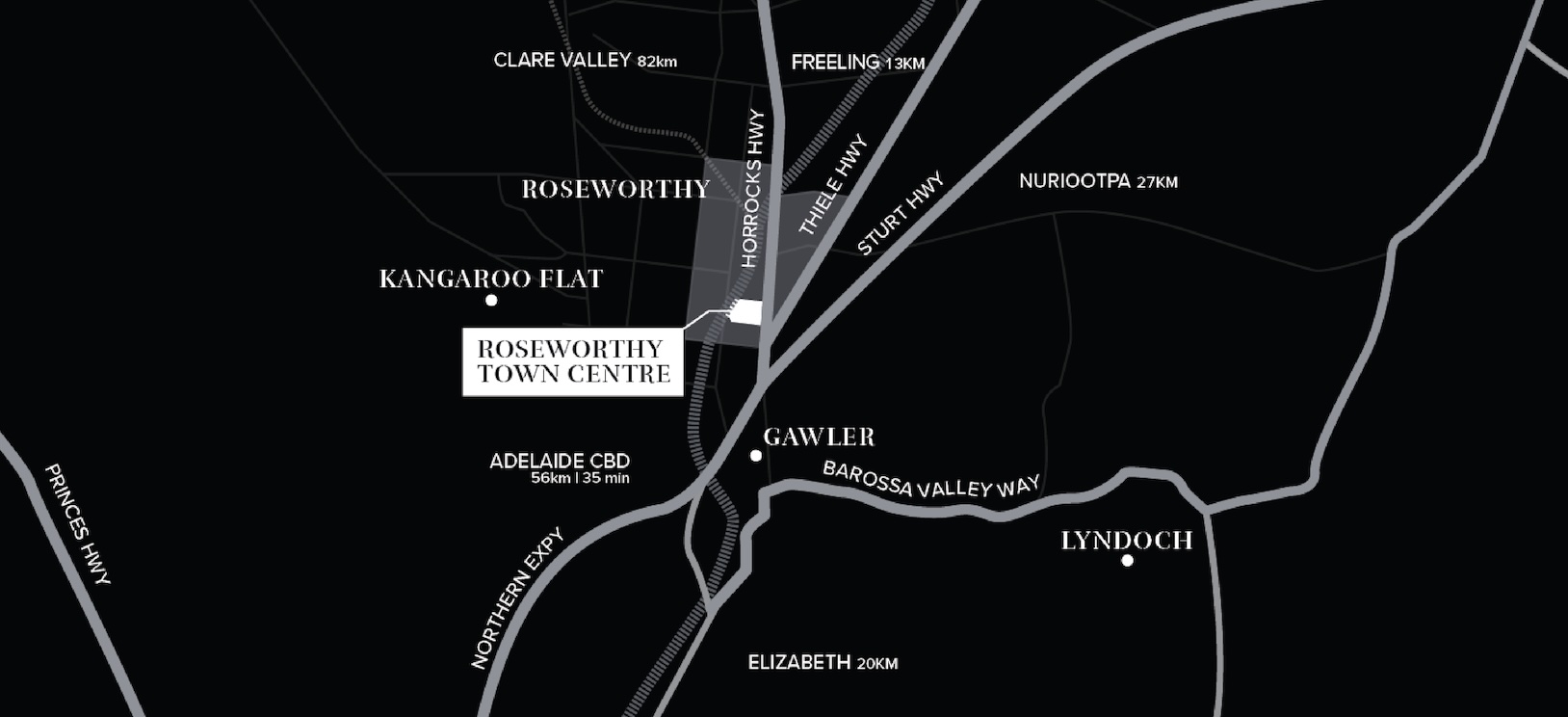 A map showing Roseworthy Town Centre near Gawler at the intersection of the Northern Expressway and Horrocks Highway.